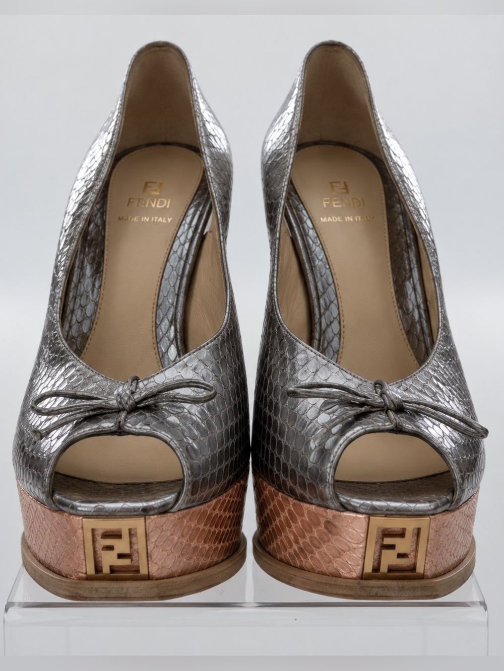Fendi Vintage Metallic Snakeskin Peep-Toe Platform Pumps EU 38( 7.5-8 ) EUC